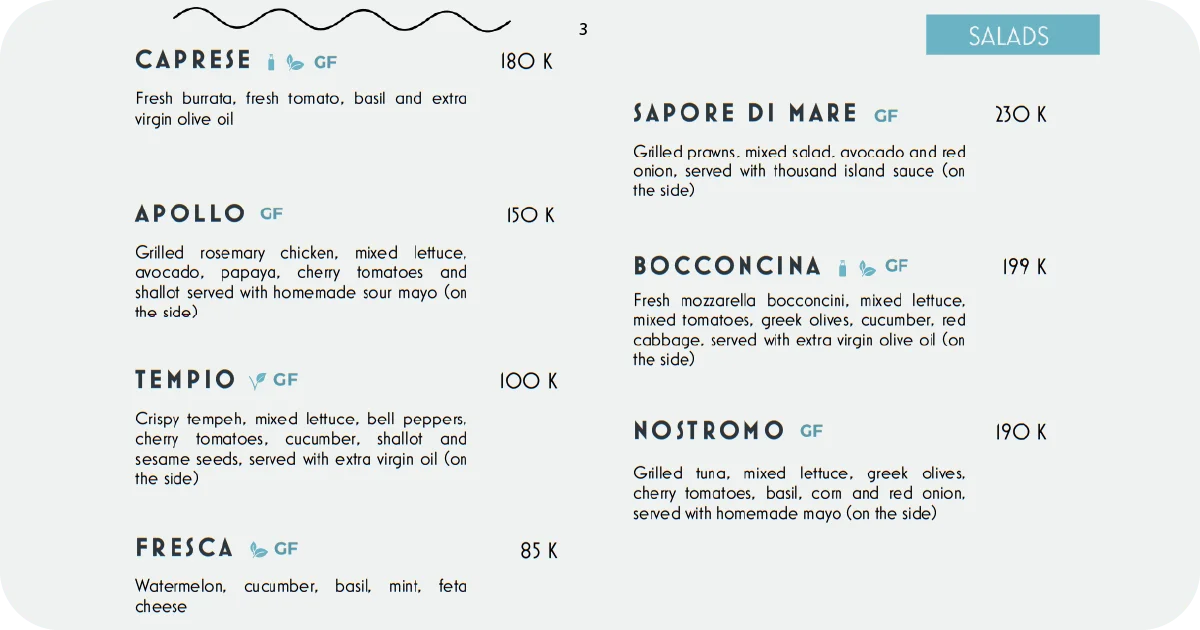 3. Salad menu with Caprese, grilled chicken, tempeh, and tuna options