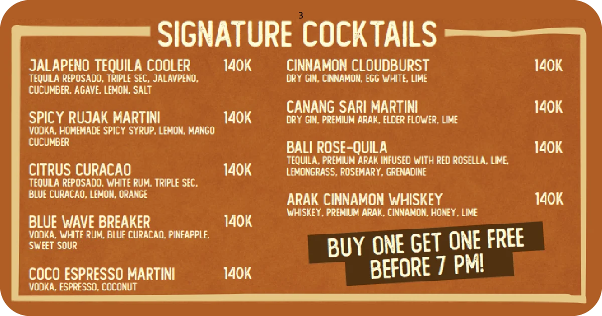 3. Signature cocktails menu with buy one get one before 7 PM