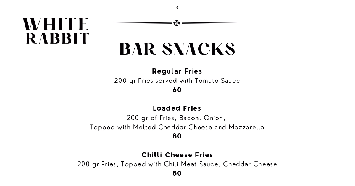 Bali's White Rabbit: The PIK Cocktail Bar Vibe 10 3. White Rabbit bar snacks menu listing fries variations and prices