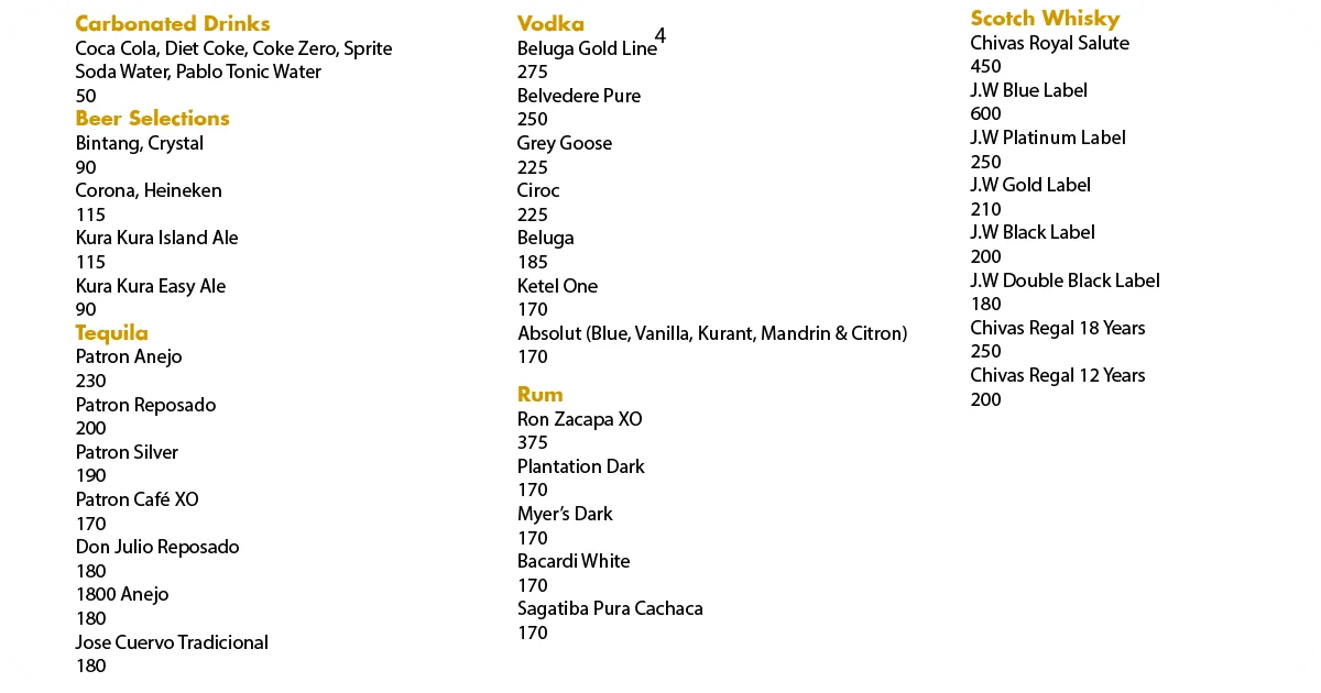 4. Beer selections, vodka, rum, and Scotch whisky listings