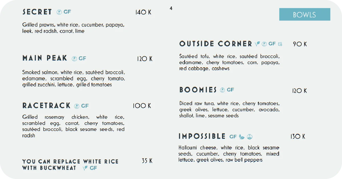 4. Bowl menu listing prawns, salmon, tofu, and halloumi combinations