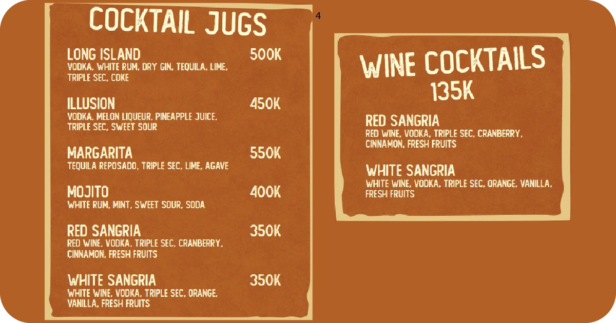 4. Cocktail jugs and wine cocktails menu with sangria options