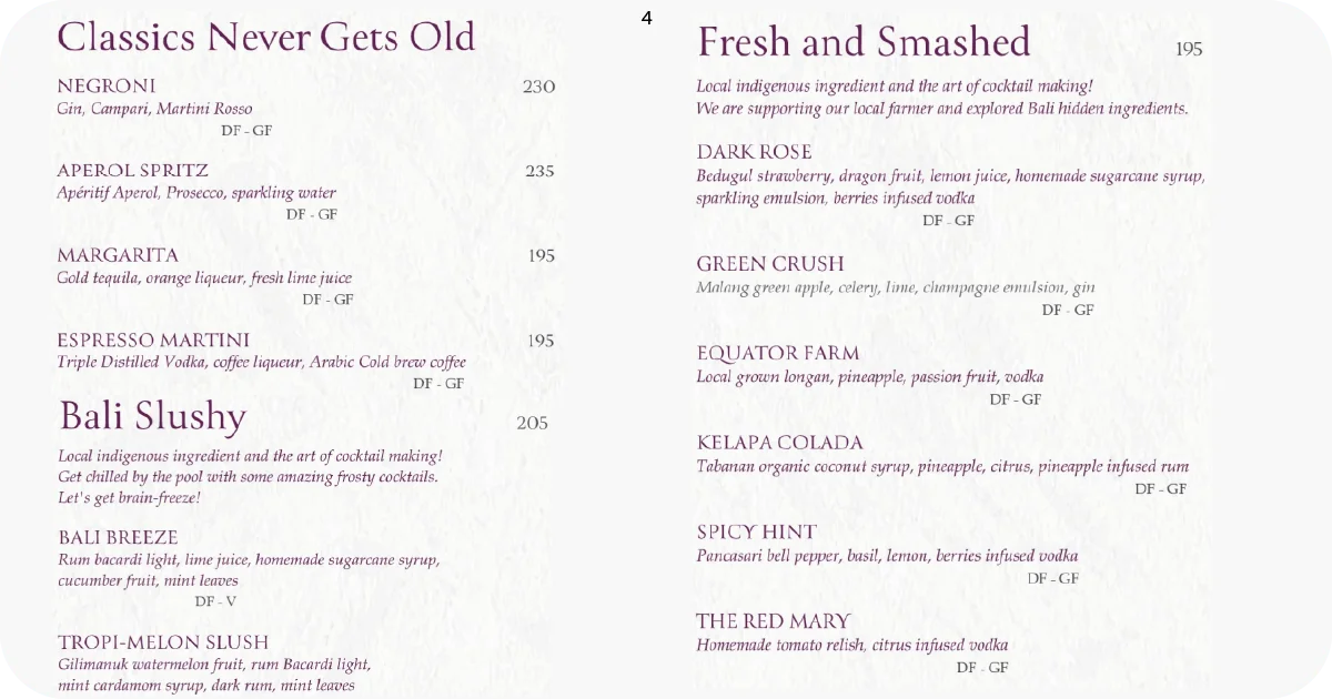 4. Cocktails menu classics, slushies, and fresh fruit mixes