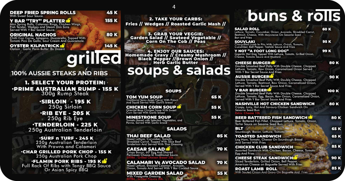 Y Sport Bar Bali: Uluwatu's Best Cliff-Top Sports Hub 11 4. Grilled steaks, soups, salads, and burgers menu pages