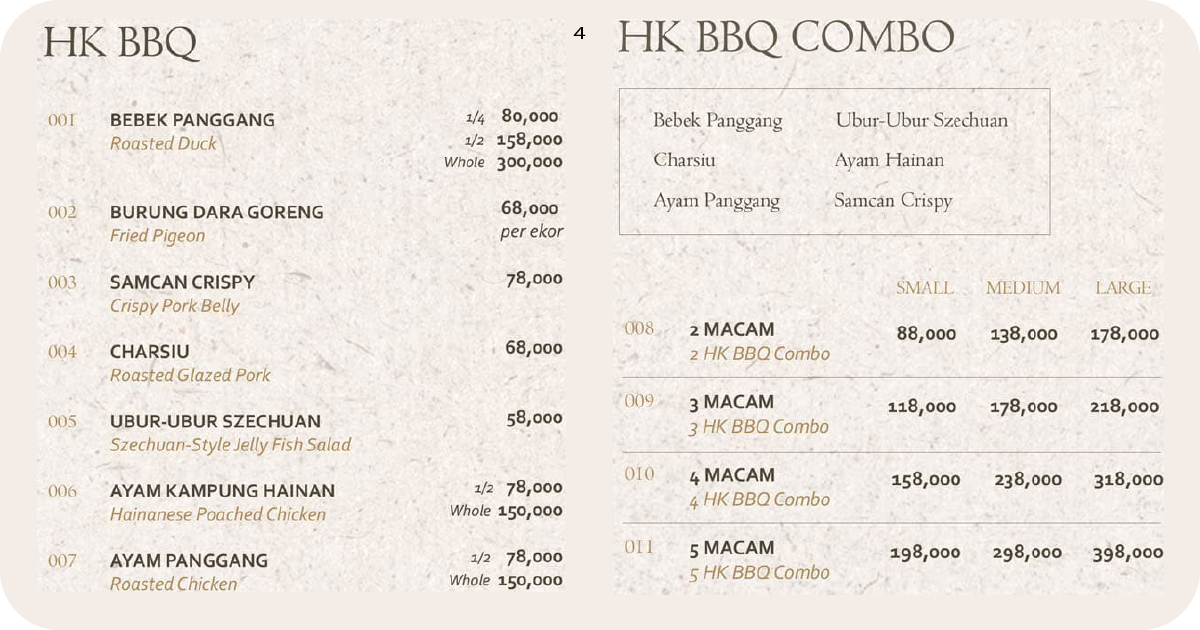 4. Hong Kong BBQ meats and mix-and-match combos with size pricing