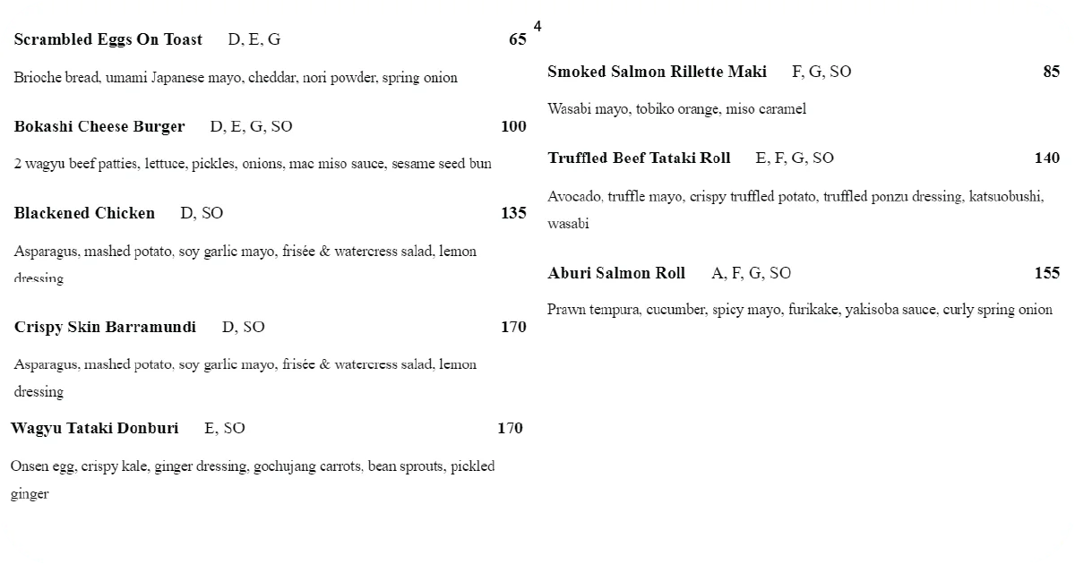 4. Mains and sushi rolls burger, barramundi, wagyu, aburi salmon