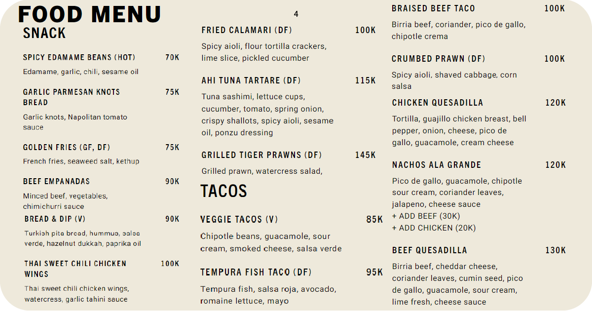 4. Snack and tacos menu with edamame, fish tacos, and quesadillas
