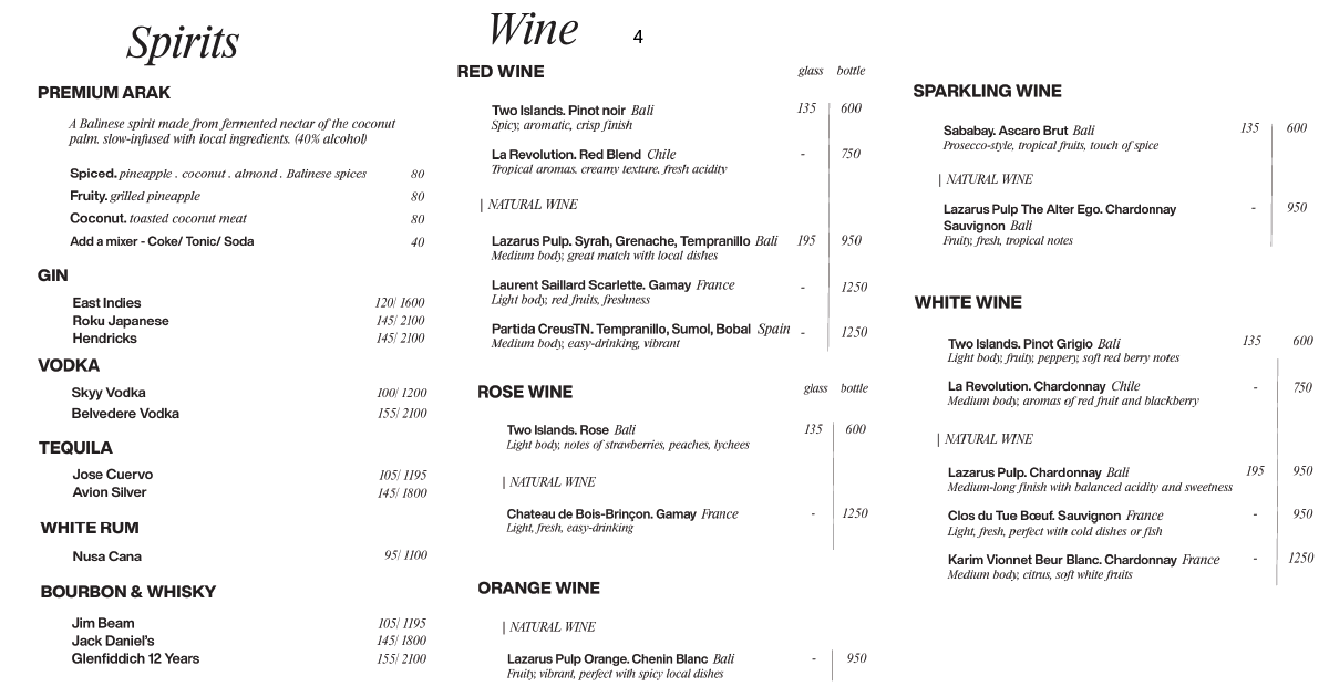 4. Spirits list with arak, gin, vodka_ red, white, sparkling wines