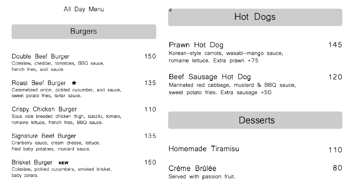 4. ōverhead menu showing burgers, hot dogs, and classic desserts