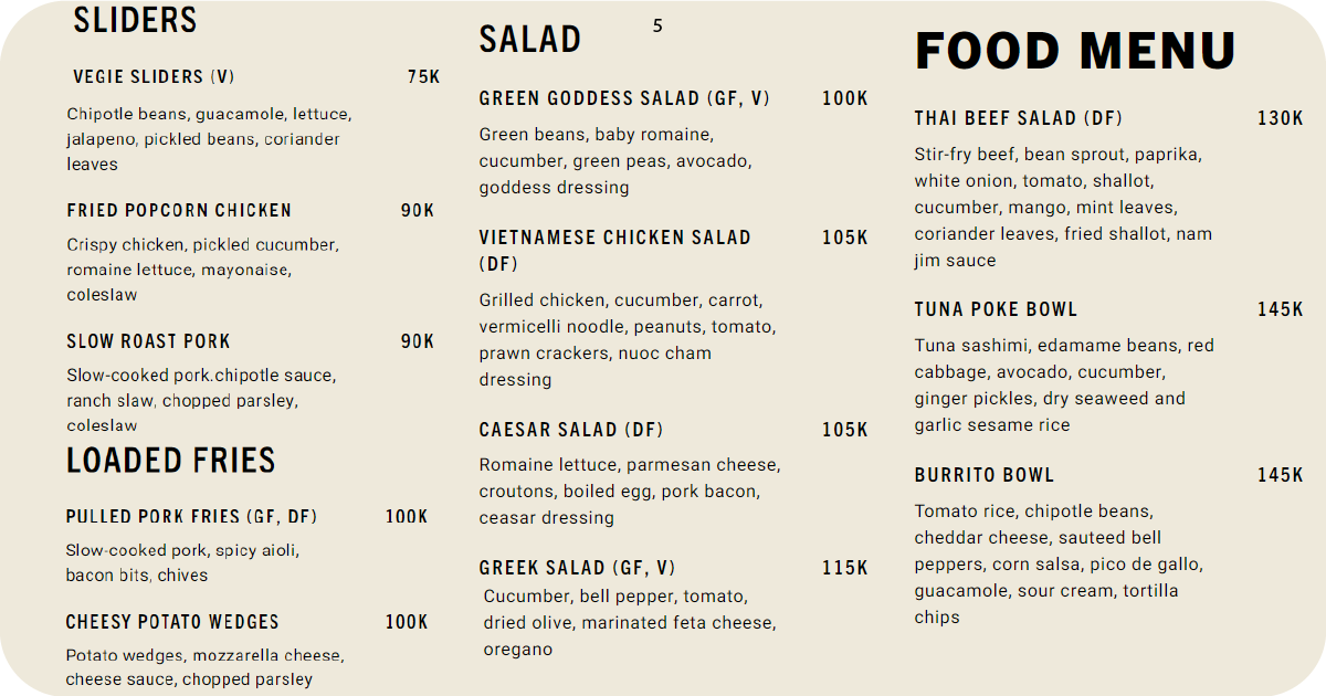 5. 4. Full food menu with snacks, tacos, and seafood options