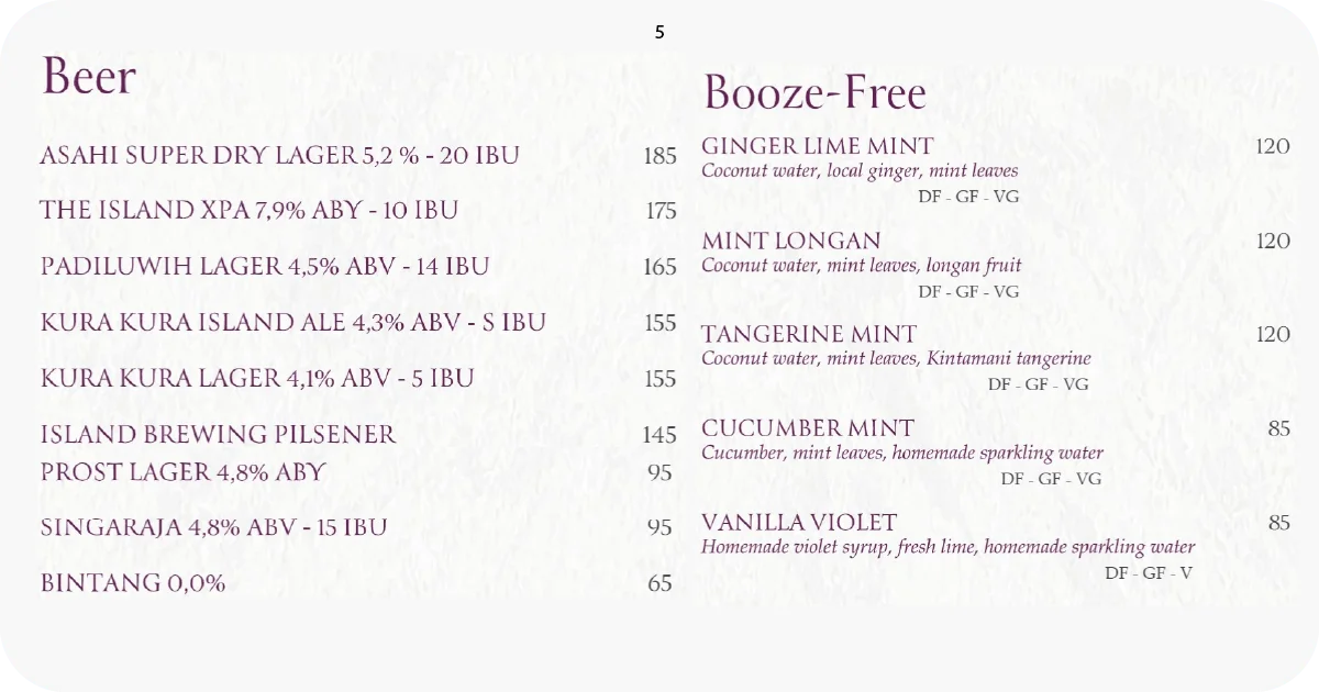 5. Beer list and booze-free mocktails with mint variations