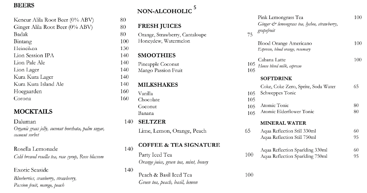5. Beer selection and non-alcoholic drinks, juices, smoothies, milkshakes