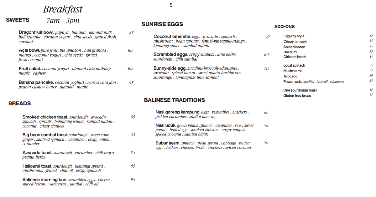 5. Breakfast menu smoothie bowls, toasts, omelettes, Balinese dishes, and add-ons
