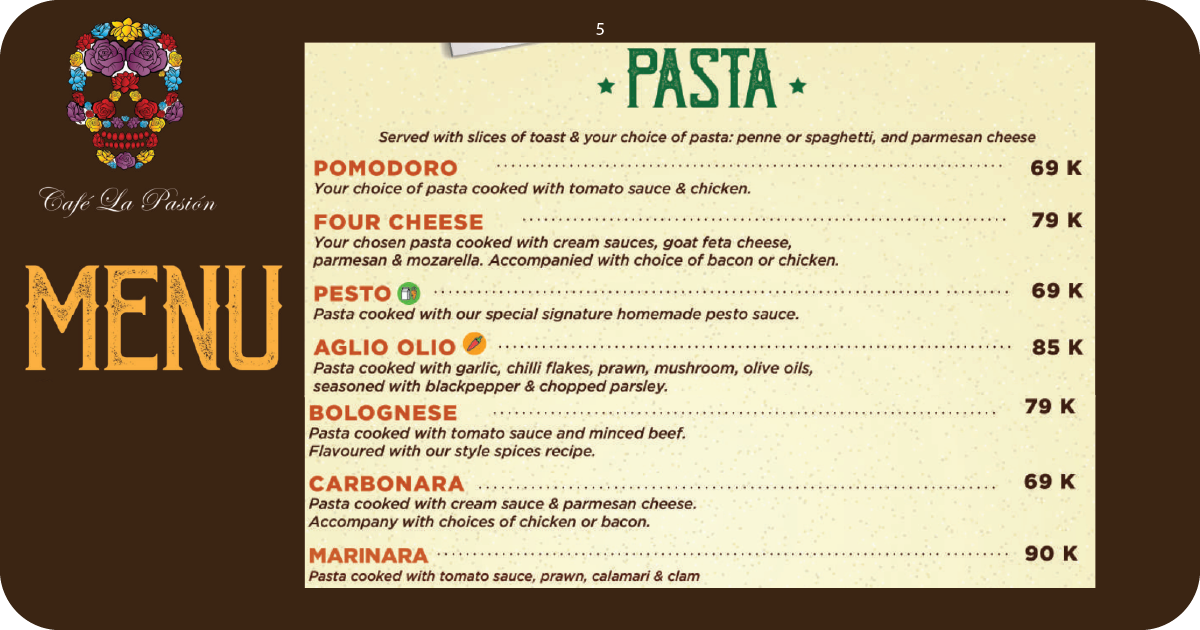 Cafe La Pasion Bali: Uluwatu's Hidden Gem? A Full Review 6 5. Café La Pasión pasta menu listing pomodoro, pesto, carbonara, marinara