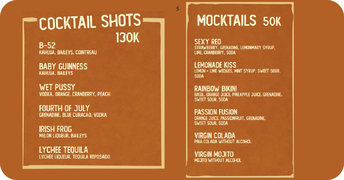 5. Cocktail shots and mocktails menu featuring B-52 and Virgin Mojito
