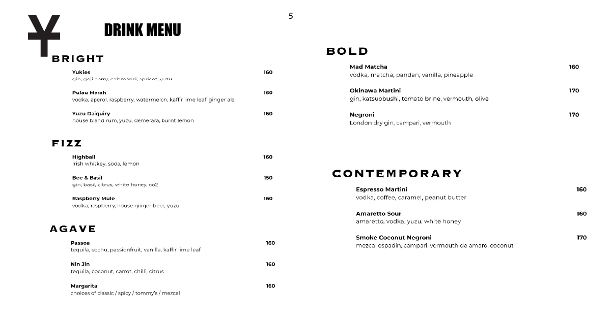 YUKI Japanese Restaurant Bar & Karaoke: Bali's Must-Visit Spot 12 5. Drink menu featuring Bright, Fizz, Agave, Bold, Contemporary cocktails