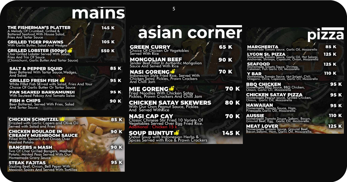 Y Sport Bar Bali: Uluwatu's Best Cliff-Top Sports Hub 12 5. Mains, Asian dishes, and pizza selection overview