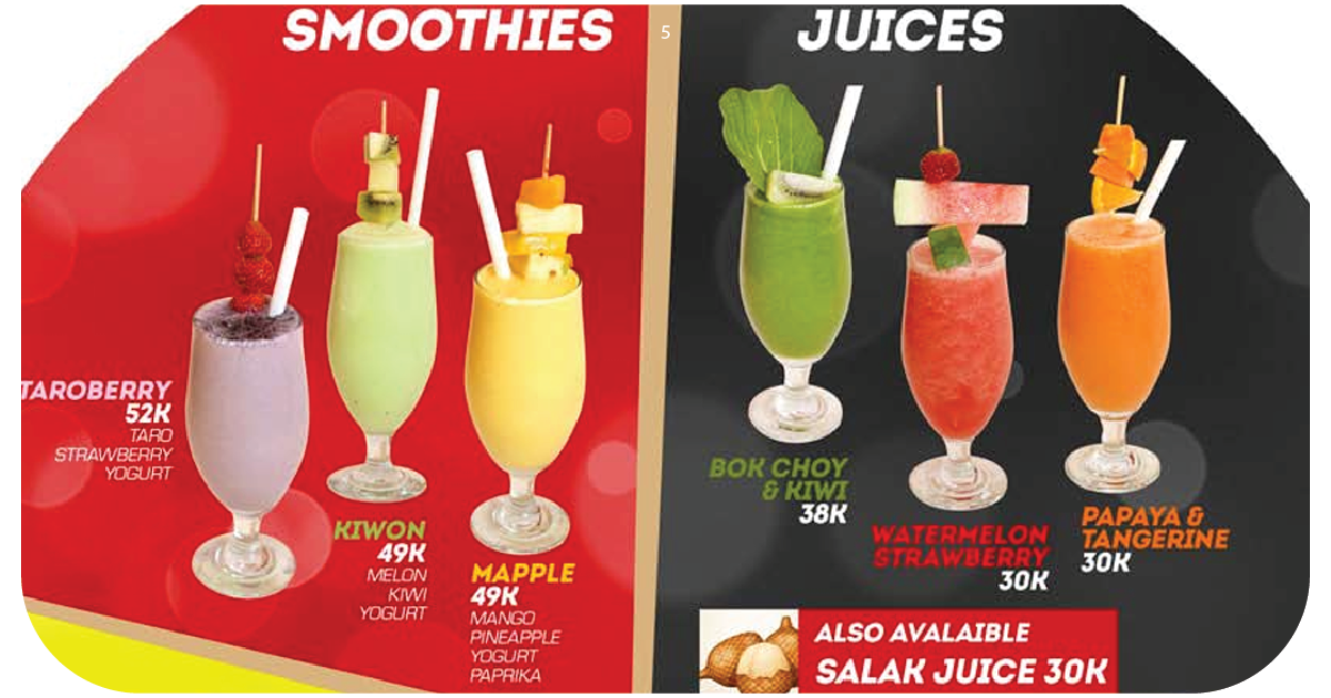 5. Smoothies and fresh juices with taro, kiwi, mango, papaya options