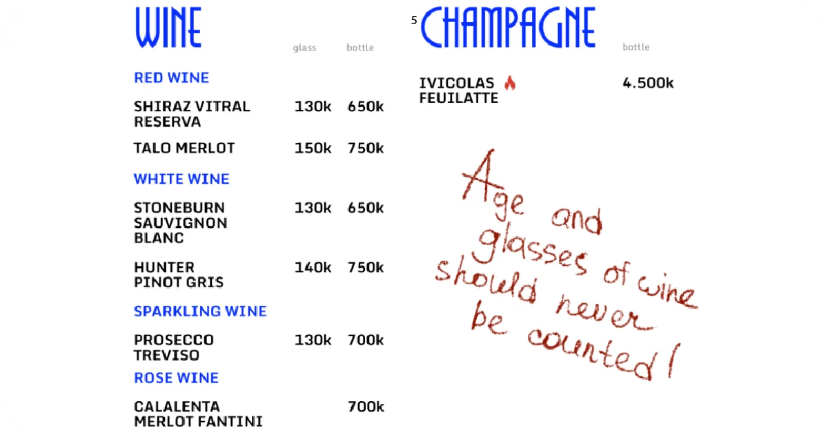 5. Wine and champagne list with prices and handwritten quote