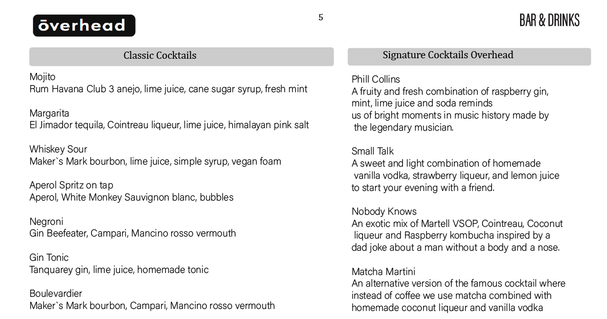 5. ōverhead cocktails menu with classics and house signatures