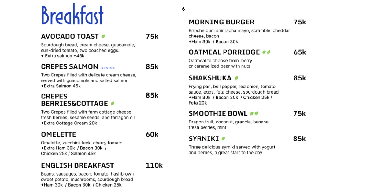 6. Breakfast menu featuring avocado toast, shakshuka, and smoothies