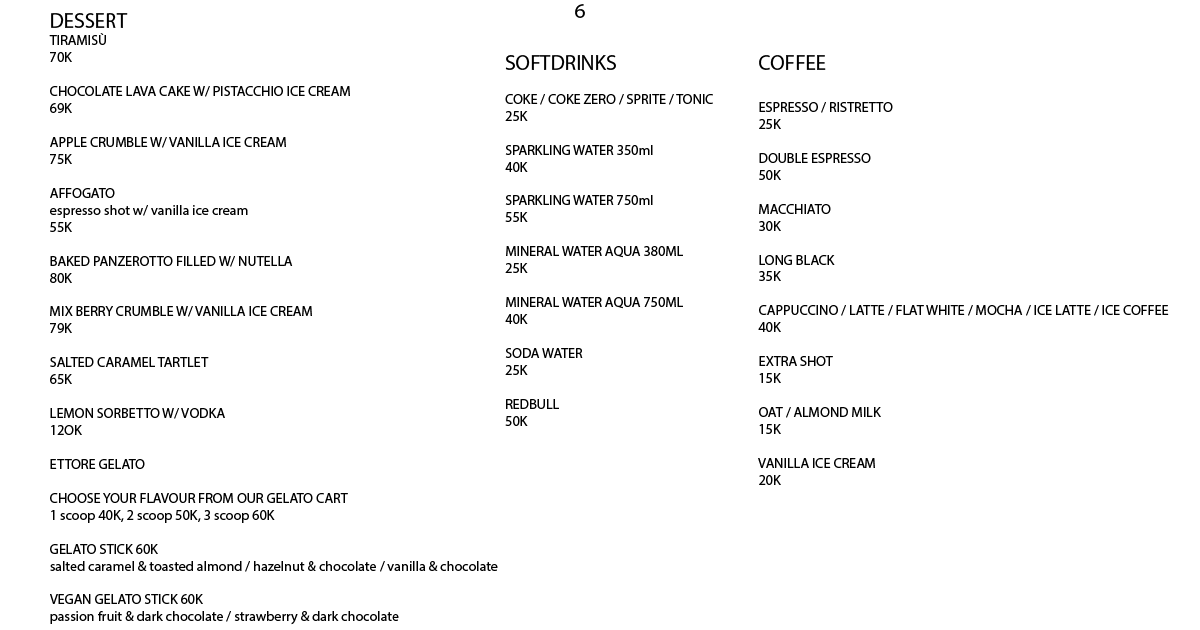6. Desserts and beverages menu with tiramisu, gelato, soft drinks, coffee