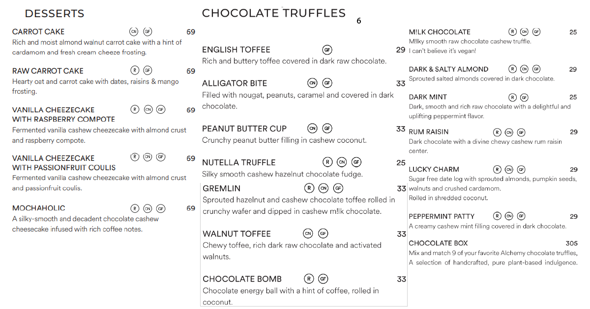 Alchemy Cafe Bali: An Honest Uluwatu Restaurant Review 7 6. Desserts and chocolate truffles menu with toffee, peanut butter, mint