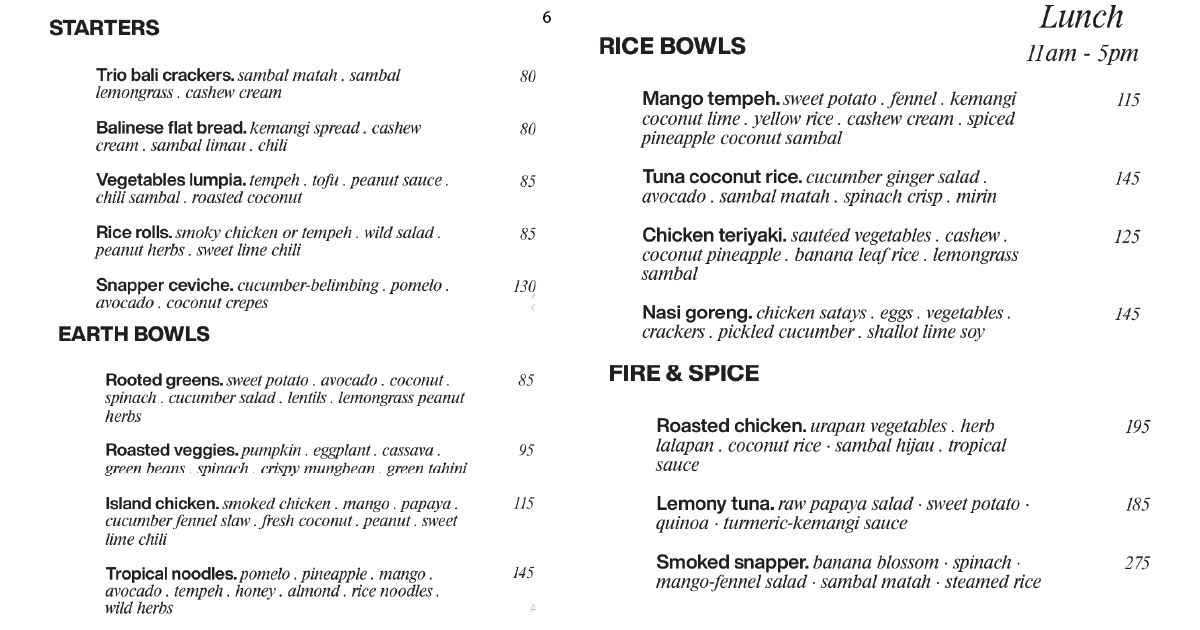 6. Lunch menu with starters, earth bowls, rice bowls, and grilled specials