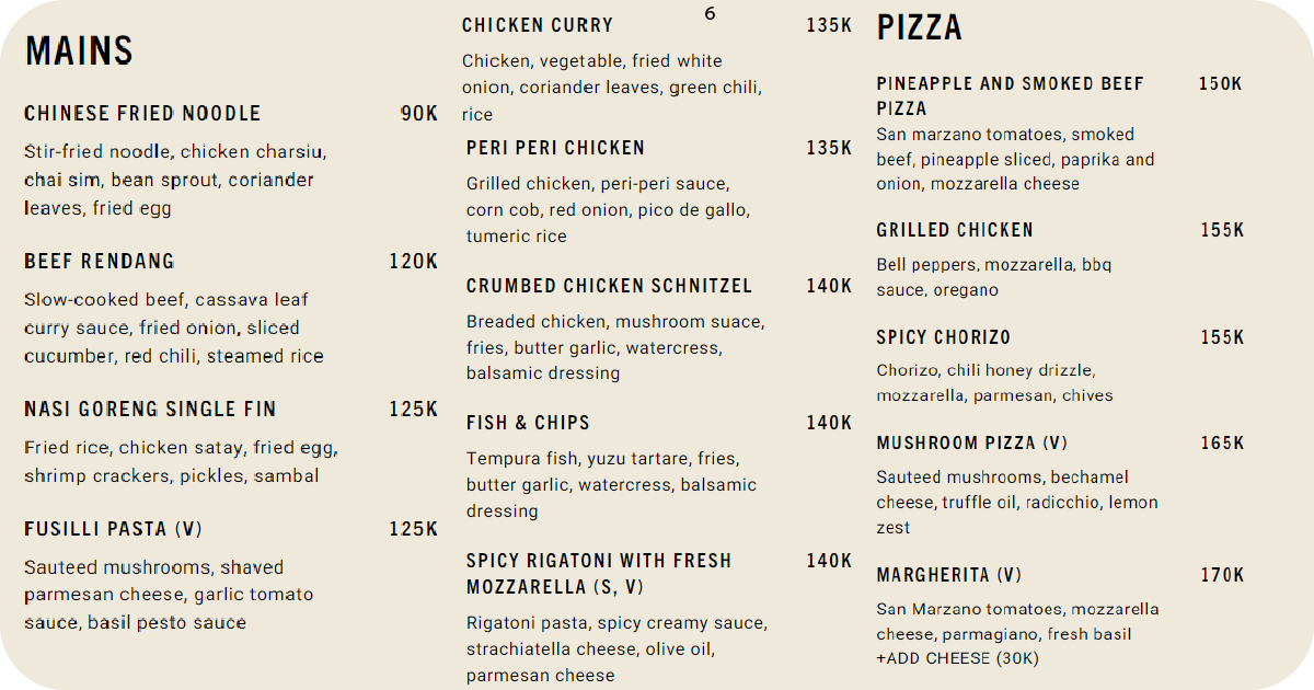 6. Mains and pizzas list including nasi goreng, schnitzel, and margherita
