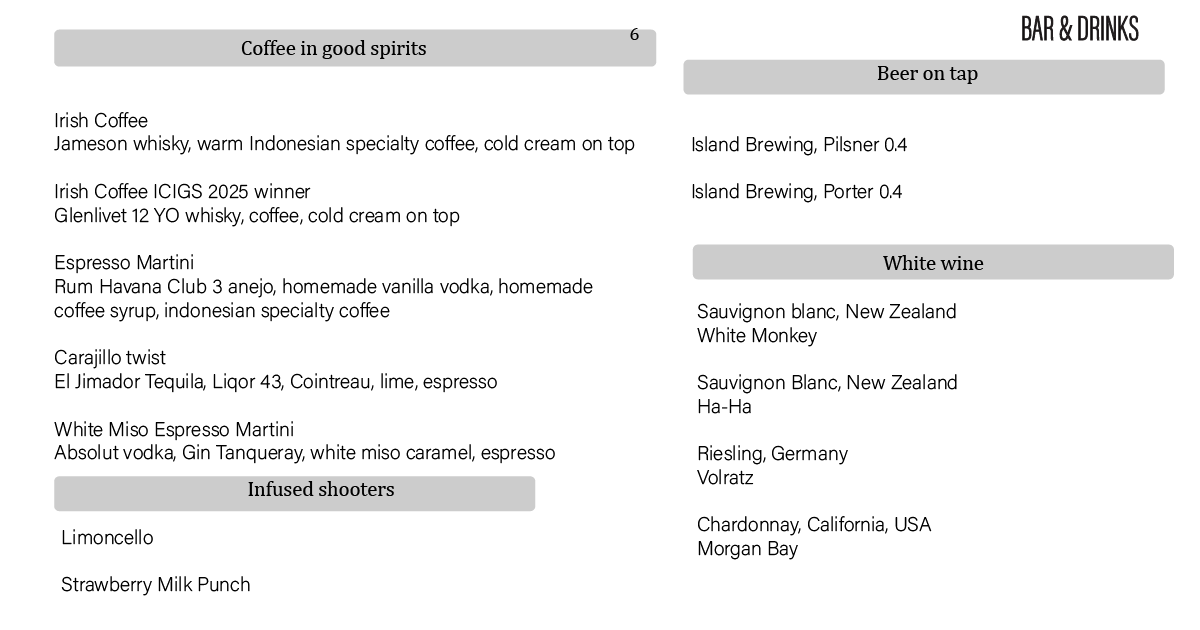 6. ōverhead drinks menu featuring spiked coffees, draft beer, white wines