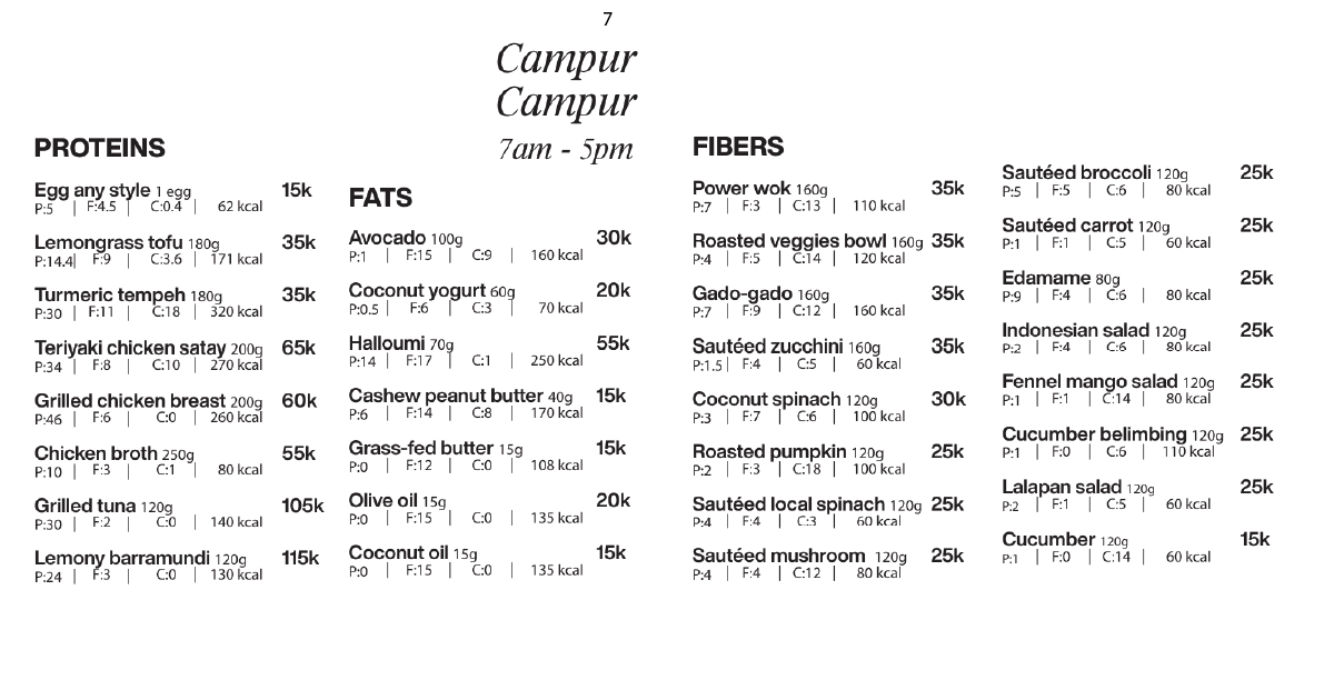 7. Campur Campur build-your-bowl proteins, fats, and fiber sides with calories