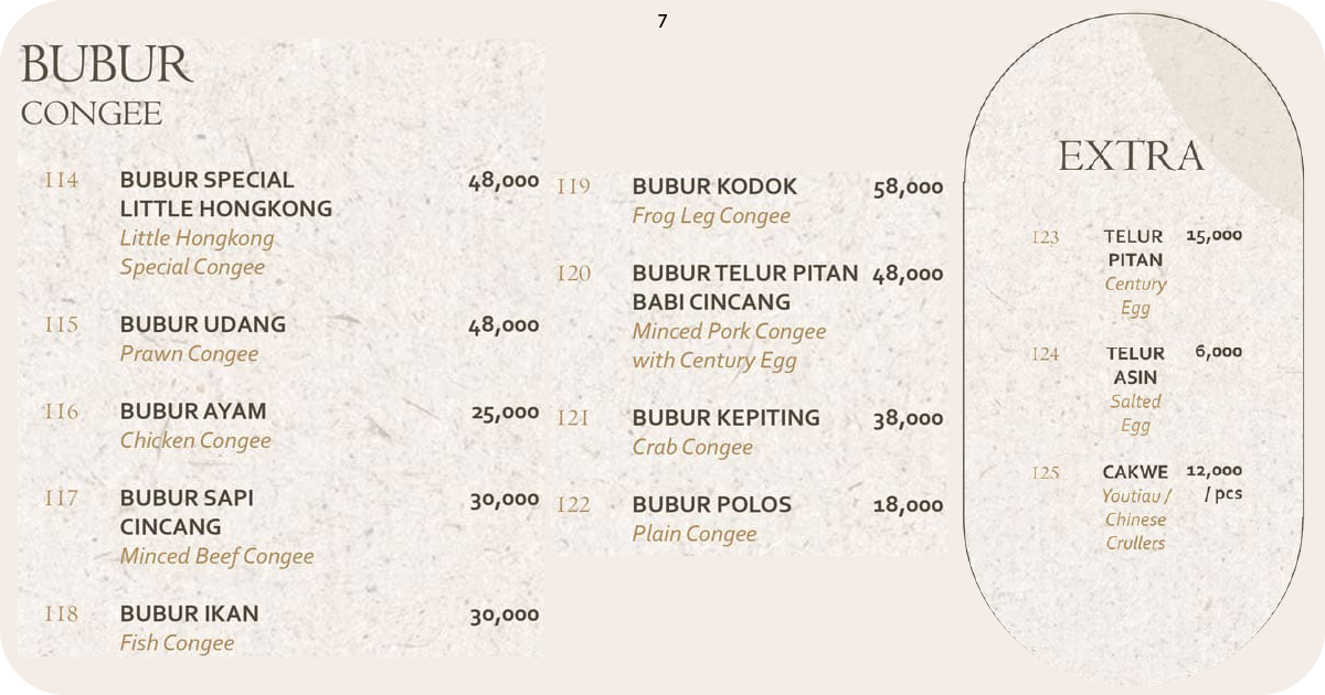 7. Congee varieties with seafood, meats, century egg, and youtiao extras