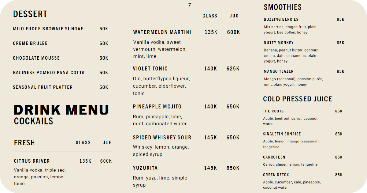 7. Desserts and cocktails menu plus smoothies and cold-pressed juices