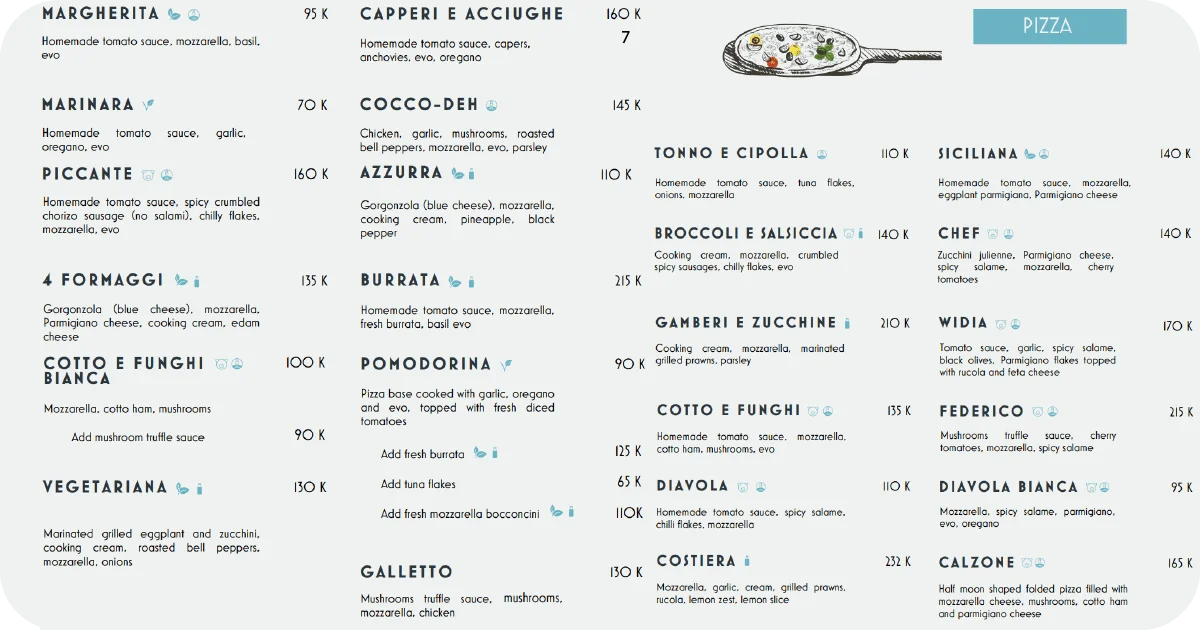 7. Extensive pizza menu with classics, spicy salame, and seafood options