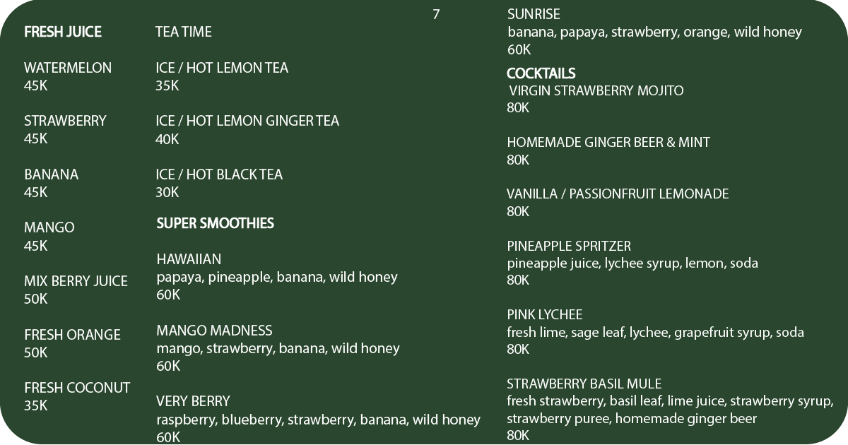 7. Fresh juices, teas, smoothies, and non-alcoholic cocktails menu