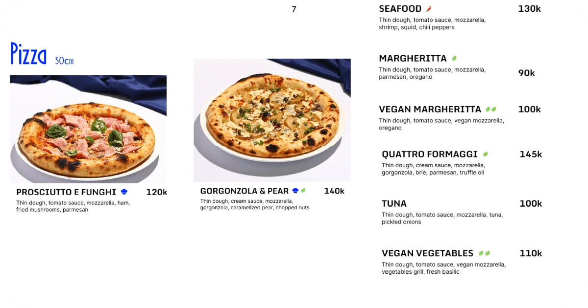 7. Pizza menu with photos of prosciutto funghi and gorgonzola pear
