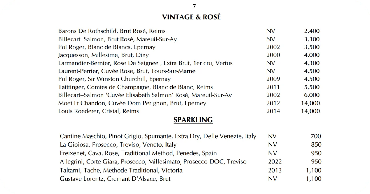 7. Vintage and rosé champagnes plus sparkling wines section
