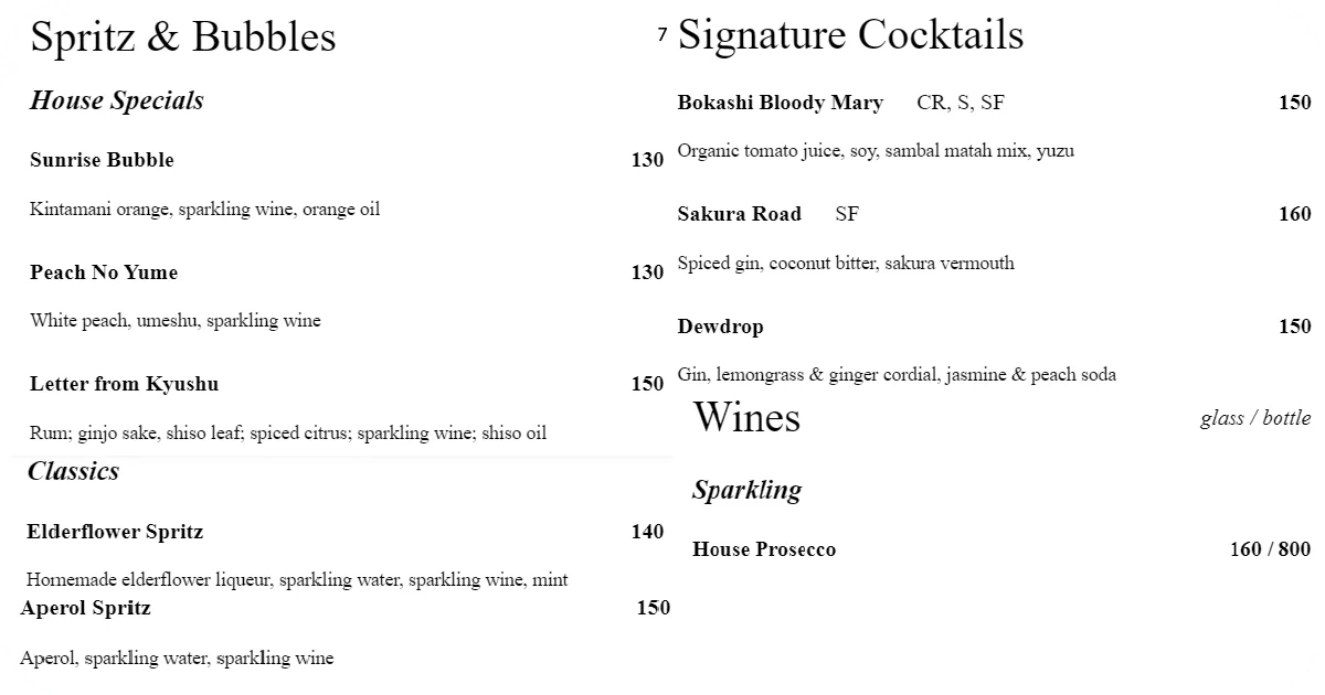 7. Wine list with sparkling and white_ mocktails and Japanese beers