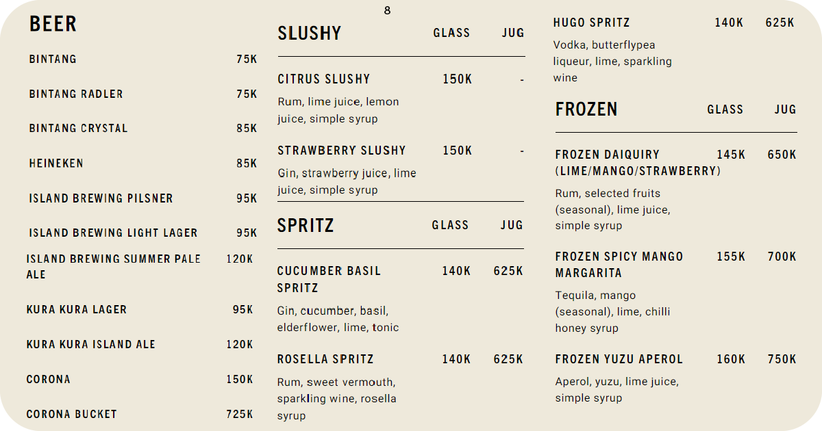 8. Beer selection, slushy cocktails, spritzes, and frozen margaritas menu