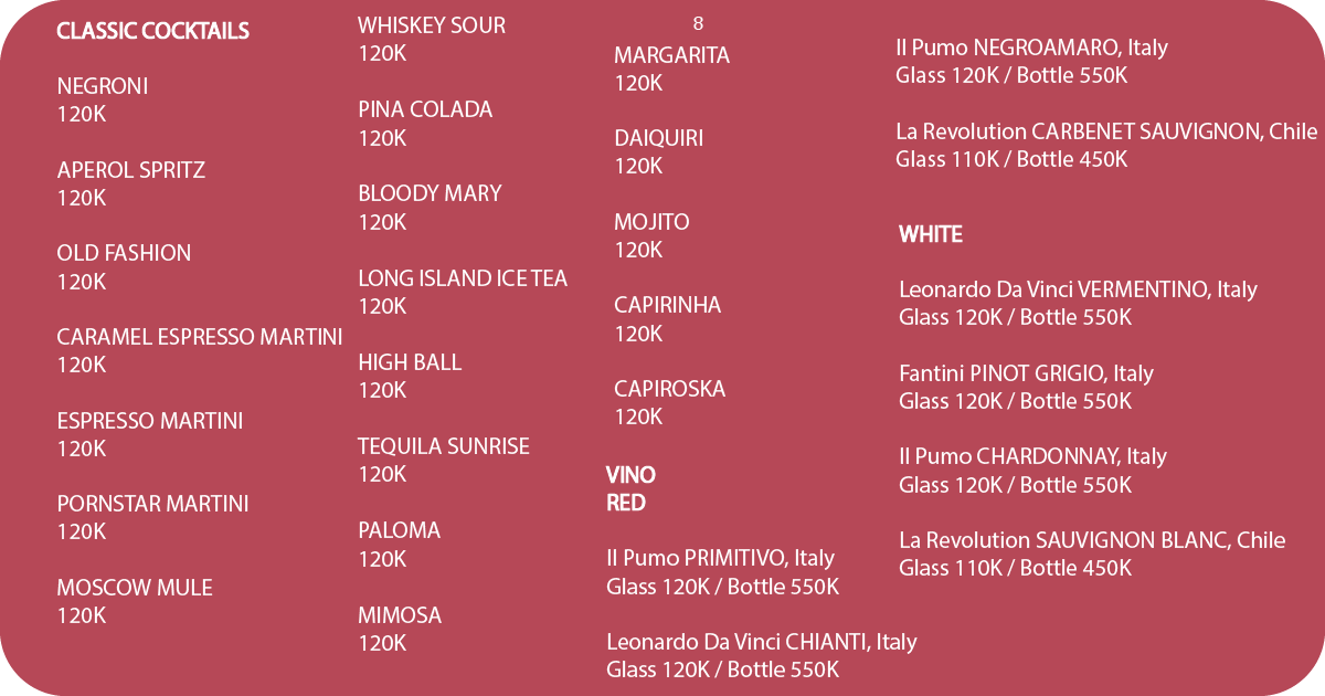 8. Classic cocktails and wine list by glass and bottle