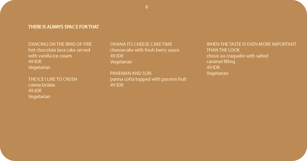 8. Dessert menu listing lava cake, cheesecake, panna cotta, choux