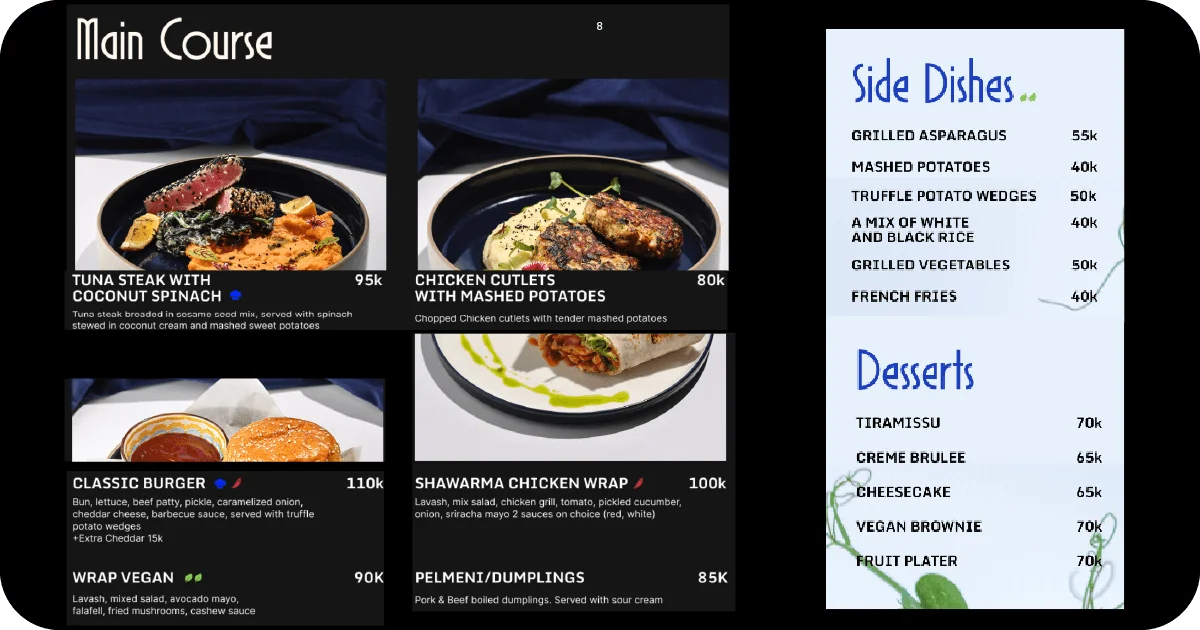 8. Main course menu with dish photos, side dishes, and desserts