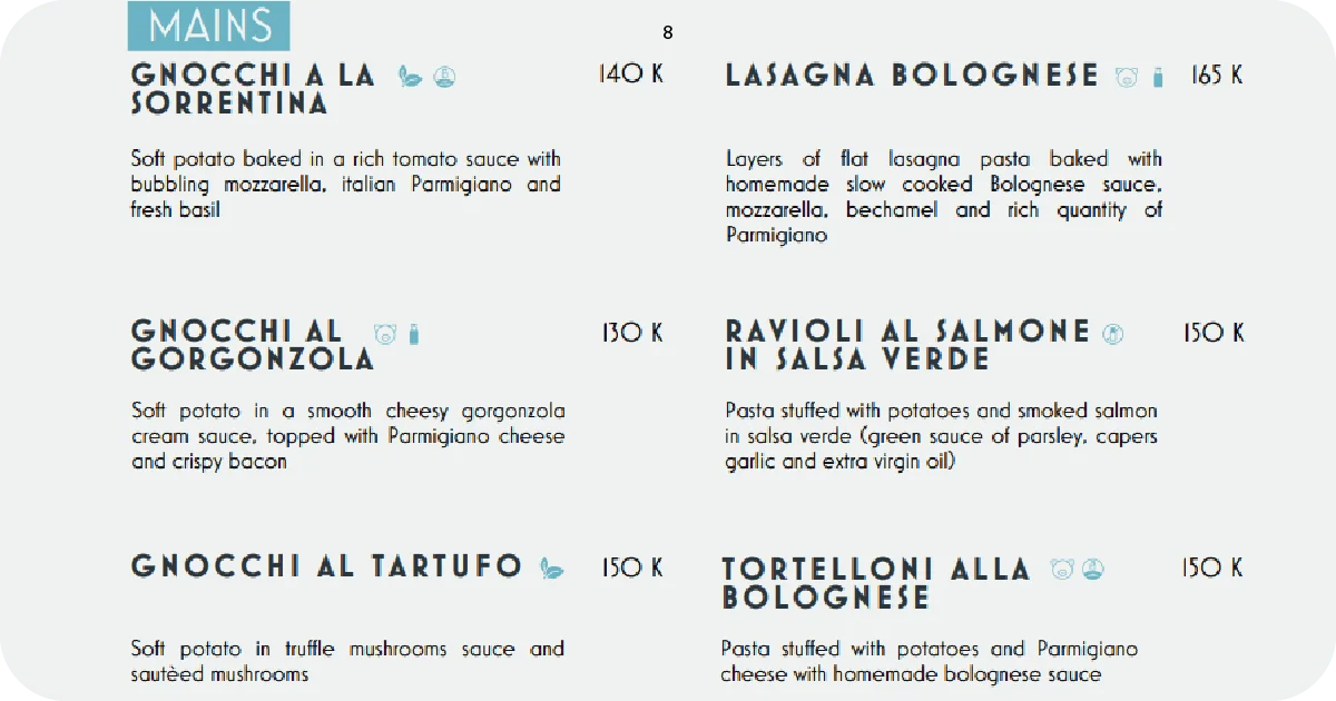 8. Mains menu with gnocchi, lasagna, ravioli, and tortelloni dishes