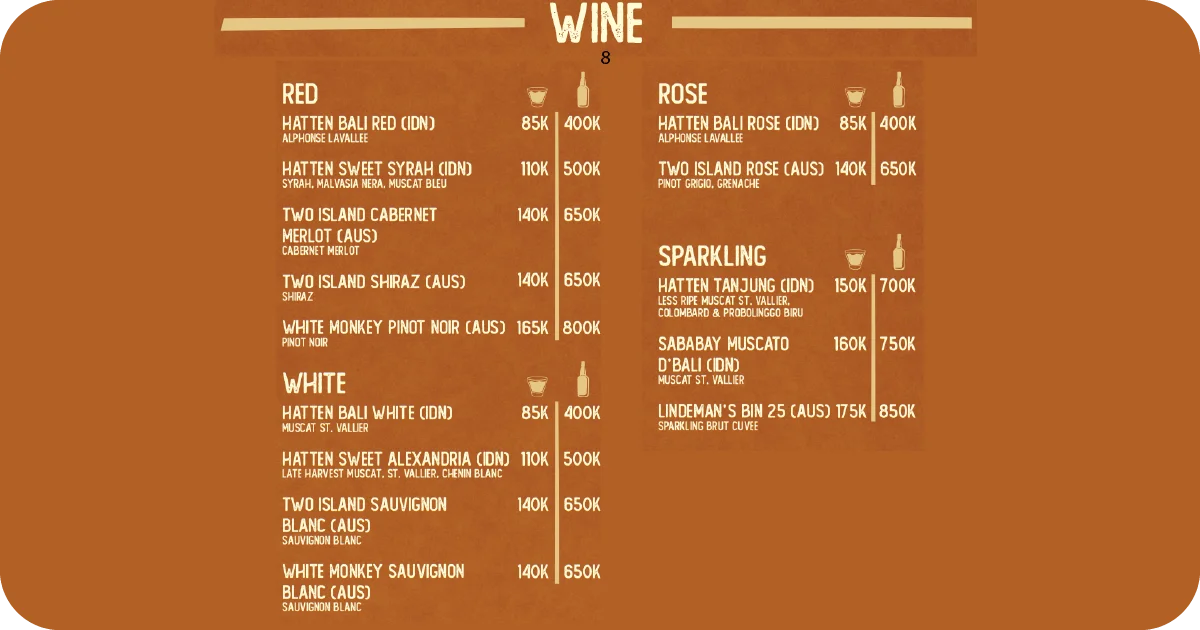 8. Wine list with red, white, rosé, and sparkling selections