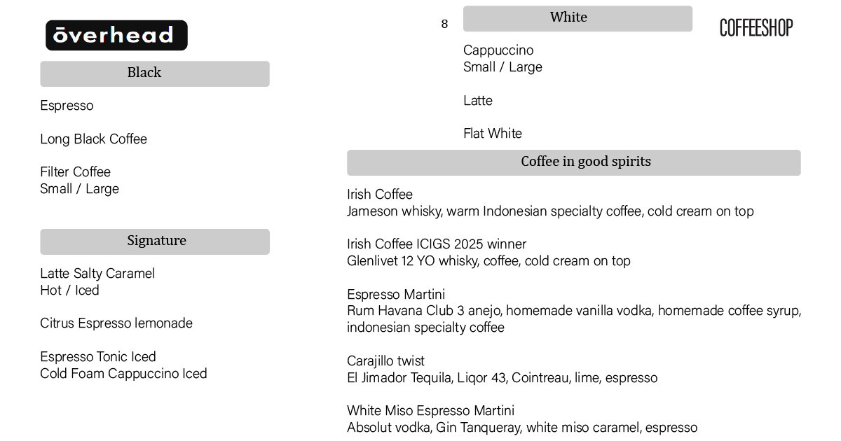 8. ōverhead coffee menu listing espresso, milk coffees, and signatures
