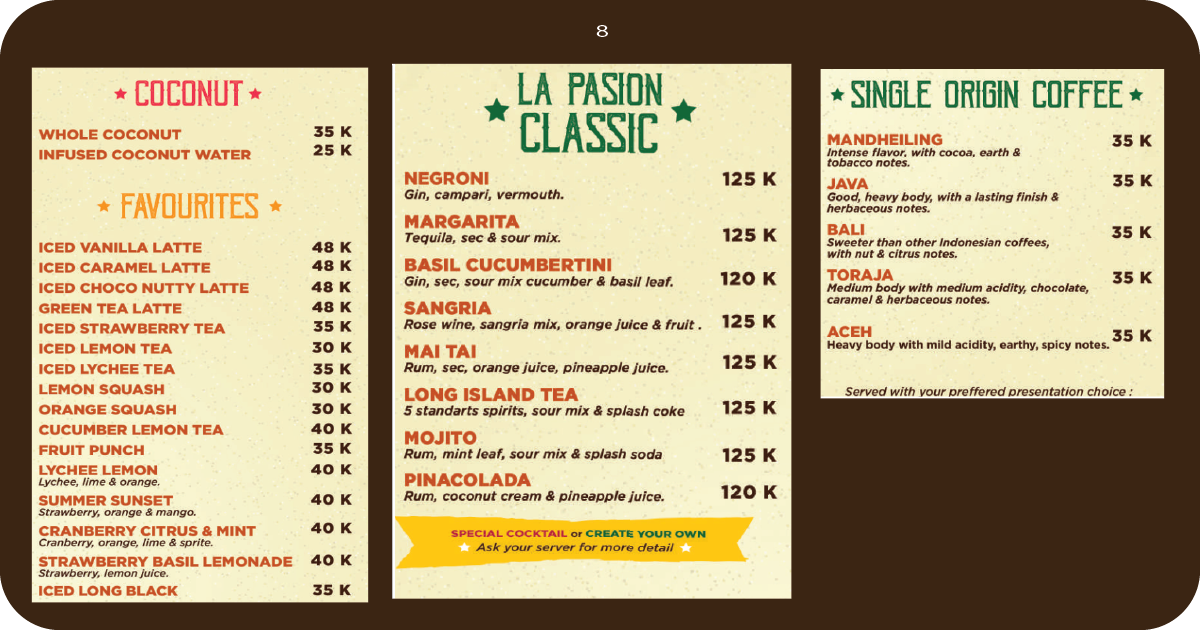 Cafe La Pasion Bali: Uluwatu's Hidden Gem? A Full Review 9 8.Café La Pasión coconut drinks, classic cocktails, single-origin coffee menu