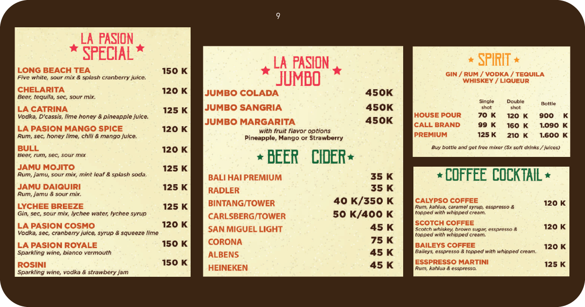 Cafe La Pasion Bali: Uluwatu's Hidden Gem? A Full Review 10 9. Café La Pasión specials, jumbo cocktails, beer, spirits, coffee cocktails menu
