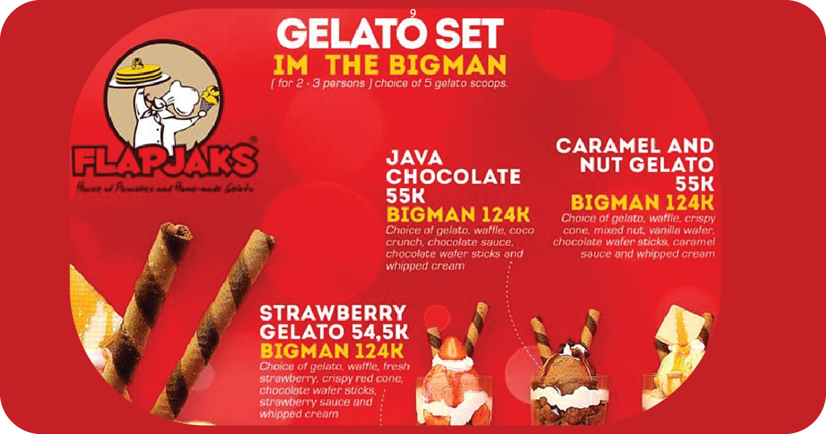 9. Flapjaks gelato set Bigman with chocolate, caramel nut, and strawberry