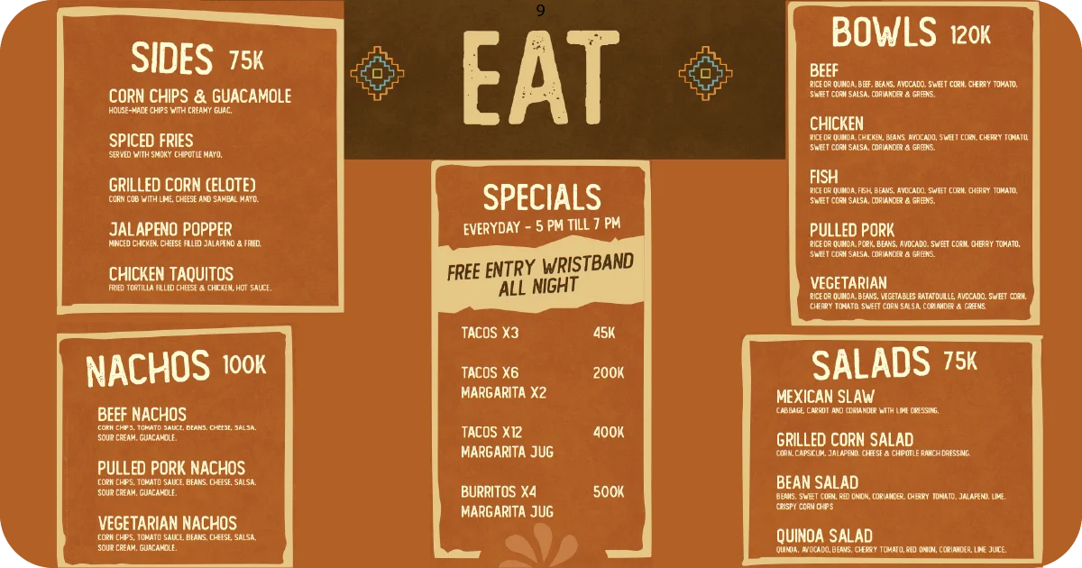 9. Food menu with sides, bowls, nachos, salads, and specials