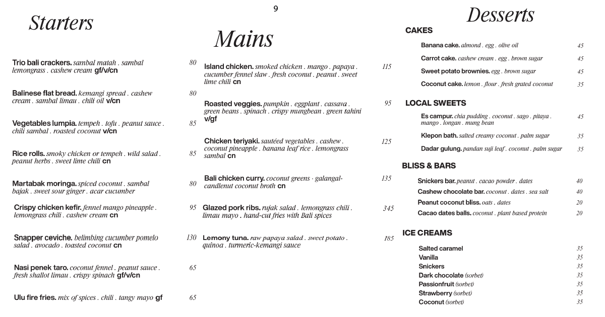 9. Full menu spread covering starters, mains, cakes, local sweets, ice creams